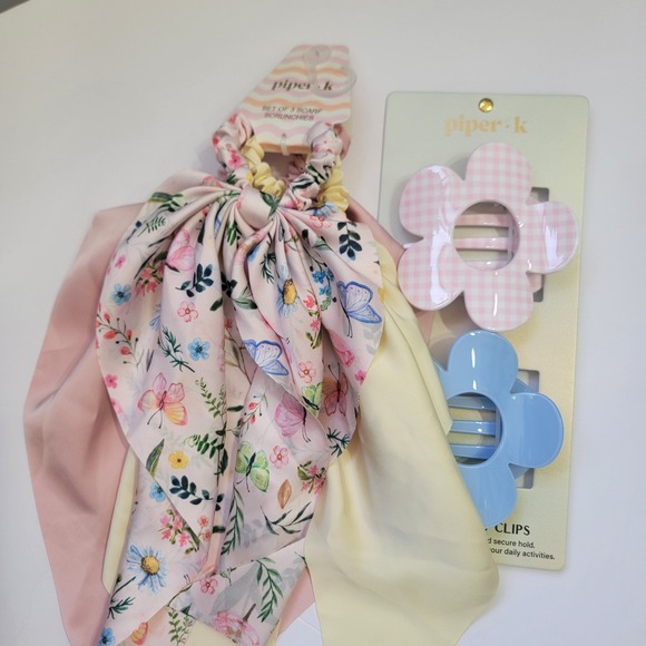 Piper K Butterfly Floral Scarf‎ Scrunchies & Gingham Flat Hair Claw Clip 5 Set main image 8